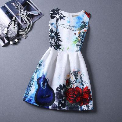 China Breathable Polyester Guitar Butterfly A Line Women Sleeveless Floral Printing Dress Lady A Line Dress for sale