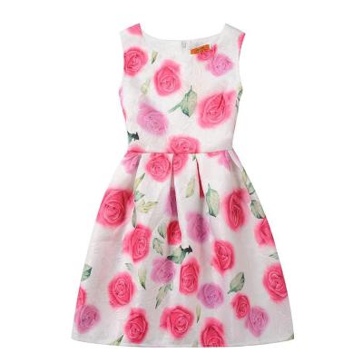 China Girl's Breathable Polyester Sleeveless Rose Printed A Line Floral Dress Kids Print A-Line Dresses for sale