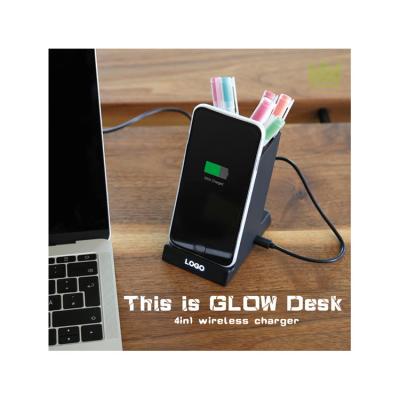 China 2021 New 4 In 1 Soft Touch ABS Mobile Phone Stand Wireless Charger Pen Holder Phone Holder LED Logo Wireless Charger for sale