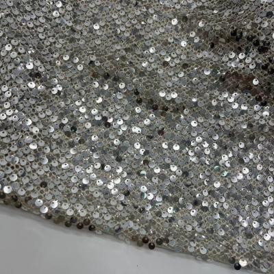 China Glittering Mesh Embroidered Fabric 70% Polyester Rice Color For Decorate Evening Dress for sale