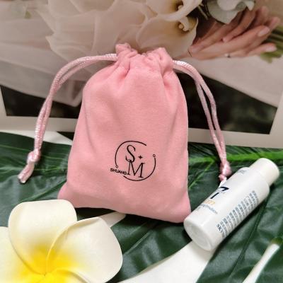 China Recyclable Logo Pink Velvet Pouch Custom Printing Packaging Drawstring Bag For Cosmetics Jewelry Dust Pouch for sale