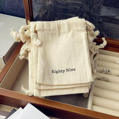 China Custom Luxury Recyclable Durable Custom Logo Printed Organic Cotton Linen Small Drawstring Bag Jewelry Pouch for sale