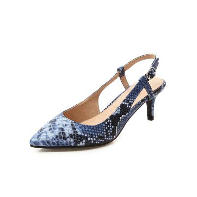 China Fashion Trend Women's Stylish Office Led Toe Snake Pattern Buckle Stilettos Sandals 2021 for sale