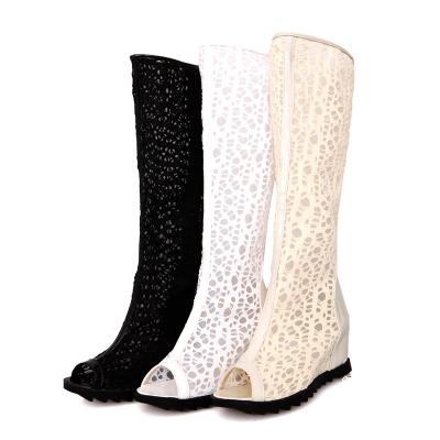 China Breathable Summer Boots Women Shoes Cutout Lace Mesh Boots High Heel Wedges Lace Spring Autumn Boots for sale