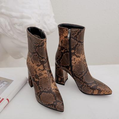 China Breathable Women Zipper Boots Square Heel Toe Ladies Boots Snake Print Ankle Boots Fashion Led for sale