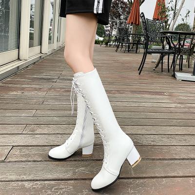 China Durable White Boots For Women Winter Block High Heels Shoes Lace Up Ladies Knee High Boots for sale