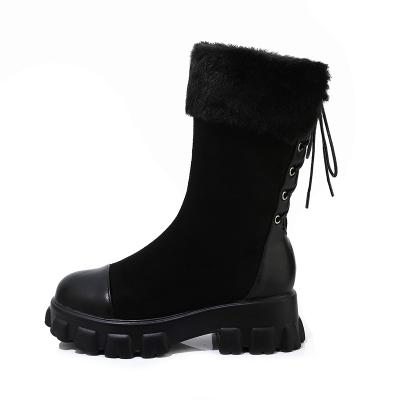 China Anti-Smell Women Winter Plush Stylish Mid Calf Around Toe Splicing Snow Boots For Lady for sale