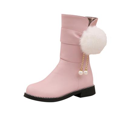 China Pink Lovely Pom-poms Waterproof Snow Field Winter Boots Kids Mid-Calf Boots For Girls for sale