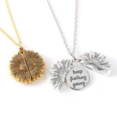 China New Vintage Women Gold Necklace Custom You Are My Sunshine Open Sunflower Pendant Necklace for sale