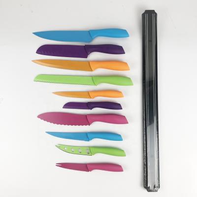 China 10PCS Viable High Quality Colorful Nonstick Coating Stainless Steel Knife Set With Long Magnet Knife Holder for sale