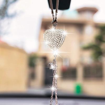 China Cute Bling Car Mirror Accessories for Heart and Pink Rhinestones Diamond Car Accessories Plush Ball Bling Bling Men Women Love Bling Accessories for sale