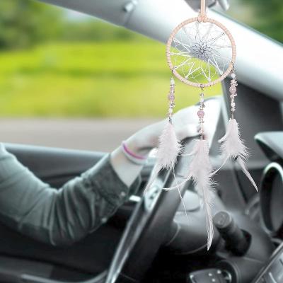 China Cute Dream Catcher Car Rear View Mirror White Feather Handmade Pendant Dream Catchers With Crystal Beads Tree Of Life Car Charm for sale