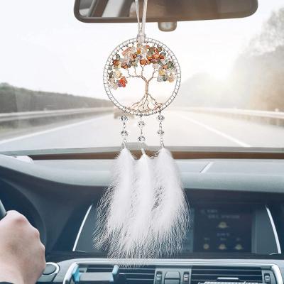 China Handmade Bling Cute Dream Catcher Car Rear View Mirror White Feather Pendant Dream Catchers with Crystal Beads Tree of Life for sale