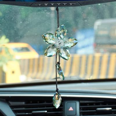 China Crystal Flower Car Rear View Cute Hanging Mirror Car Hanging Ornament Lucky Car Accessories for sale