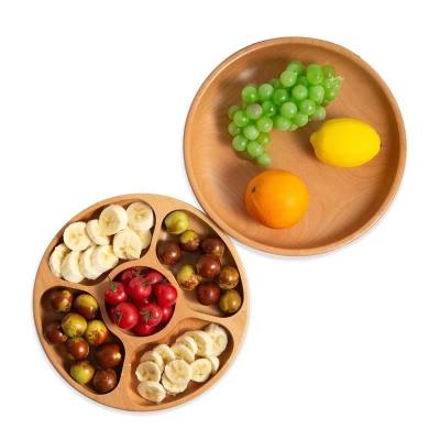 China Sustainable Bamboo and wood round plate sub-grid tray family children's self-service plate for sale