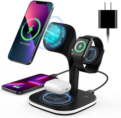 China New Design Mobile Phone 3 in 1 15W Magnet Night Light Fast Charging Wireless Charger Stand For Mobile Phone Android Power Bank for sale