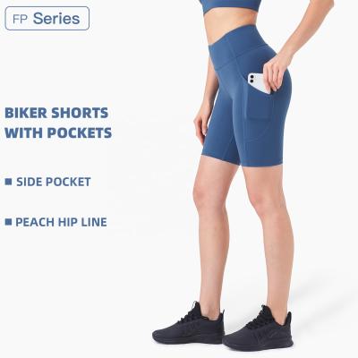 China 2021 Anti-wrinkle New Arrival Women Biker Shorts With Pocket High Waist Elastic Skinny Shorts for sale