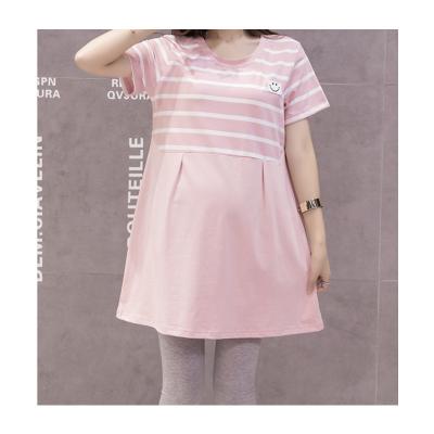 China 2021 Antibacterial New Pregnant Woman Clothes Dress Expectant Mom Striped Short Sleeve Dresses Plus Size XL Pregnant Woman Summer Tee Dress for sale