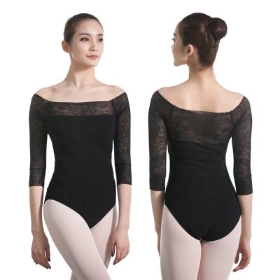 China Lace Up 3/4 Cut Out Mesh Dance Training Teen Girls Spandex Lace Ballet Dancer Tights Boat Neck Sleeves Top for sale