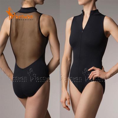 China Wholesale Guangzhou BL602 Front Leotard Lace Dance Leotard Lycra Dancewear Zipper Mesh Back Leotard Mesh Insert Turtle Neck Mock Turtle Neck for sale