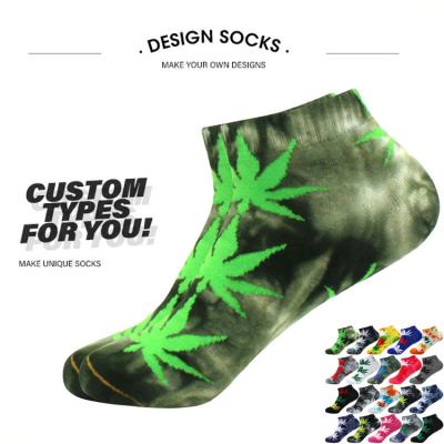 China Fashion cute happy funny colorful unisex sporty custom short boat socks tie dye weed design for sale