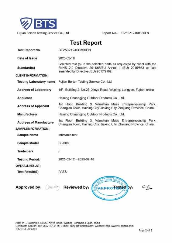 TESTING CNAS L21870 - Haining city Chuangjing outdoor products Co., LTD