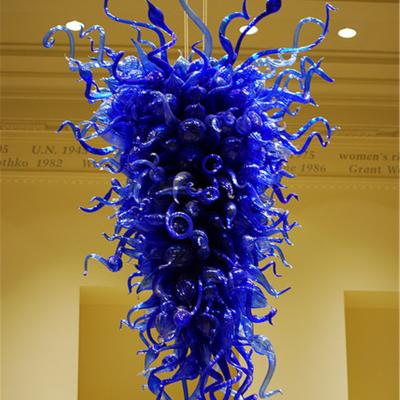 China 100% Handmade Wholesale Contemporary Hotel Lobby Restaurant Blue Blown Glass Low Ceiling Chandeliers for sale