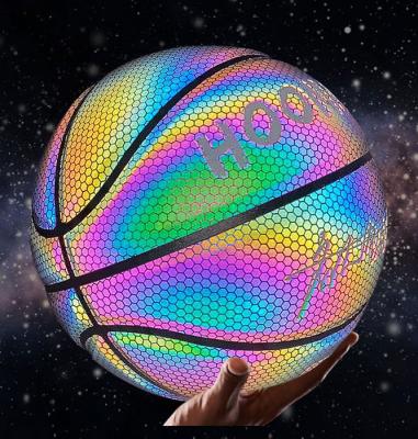 China Custom Glowing Reflective Hologra Basketball Ball Holographic Glowing and Reflective Effect PU Leather Ball Basketball for Indoor and Outdoor Game Great Birthday Gift for sale