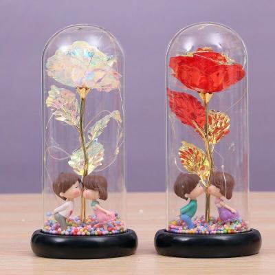 China Christmas wedding valentines decor 2021 New LED Night Light with Rose Glass Dome Eternal Preserved Flower Mussive Gold Figure for christmas wedding valentines decor for sale