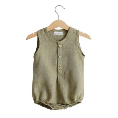 China Custom OEM ODM Summer Button Baby Boy Instant Romper Newborn Unisex Infant Girl's Sleeveless Cotton Canvas Clothing Outfit for sale