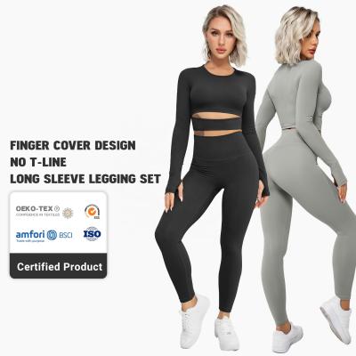 China ACTIVE Private Label High Waisted STRETCH Long Sleeve Workout Apparel Butt Crac! crack! 2 Piece Equipment Women Workout Sets for sale