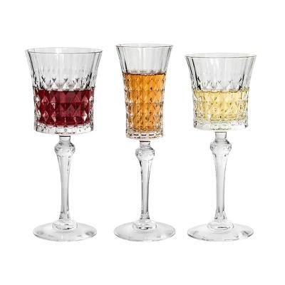 China Diamond shaped wine glass Vintage Round Embossed Crystal Clear High Wine Goblet Restaurant Champagne Glass Kitchen Party Cold Drink Water Glasses Goblet for sale