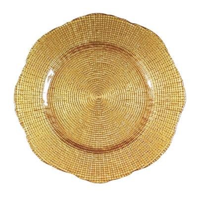 China Sustainable Hot selling 13 inch glass plates with irregular lace and colorful checkered patterns for wedding events  party gifts dishes for sale