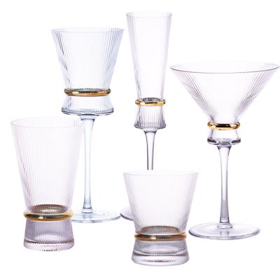 China Gold Belt Striped Goblet Gold Belt Champagne Cup Luxury Origami Style Ribbed Wine Cup Leadless Crystal Glass Gold Belt Striped Wine Cup for sale