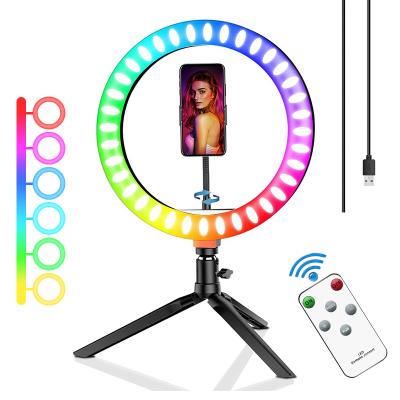 China Light Colors 10inch Adjustable RGB LED Ring Light with Flexible Tripod Plastic Stand Phone Holder for Tiktok Live Stream Vlog for sale