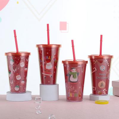 China New Arrival Sustainable Plastic Double Layer Straw Cup For Christmas Gifts BPA Free Portable Water Bottles Cup for sale