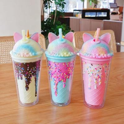 China Viable Cute Straw Water Bottles Summer Cartoon Girls Hit Eco-friendly Acrylic Plastic Cup for sale