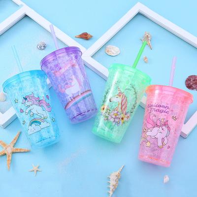 China Double wall design kids summer ice bar creative cute viable cup bpa free plastic water bottles with straw for sale