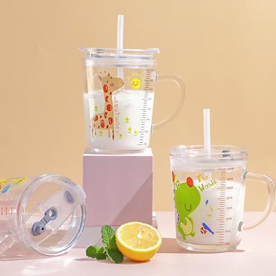 China Customized Viable Cute Animal Series Drinking Glass Bottles 350ml 12oz Cartoon Milk Cup Cup With Lid And Straw for sale