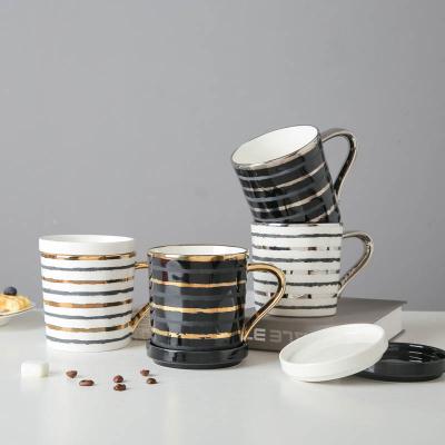 China Newest Fashion Sustainable Gold Silver Striped Ceramic Mugs Milk Tea Porcelain Cup With Cover Water Cup for sale