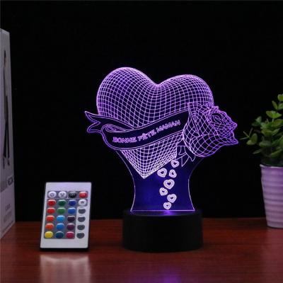 China 3D 7 Colors Love 3D Table Lamp Romantic Acrylic Heart Shape LED Night Flashing Decorative Lamp for Valentine's Day Lover Wife's Gift for sale