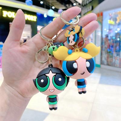 China Puff Plastic Cute Cartoon Power Keychain Kawaii PVC 3d Key Chains Rings 3d Cartoon Powerpuff Girls Key Chain for sale