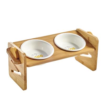 China 2021 Sustainable Wholesale Pet Bowl Ceramic Double Bowl With Bamboo Rack for sale