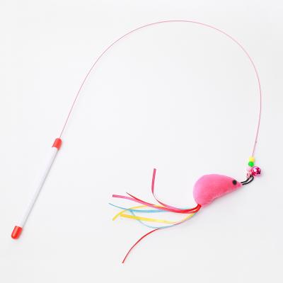 China New wire simulation viable mouse ribbon safety lazy feather stick pet cat-tickling cat toy for sale