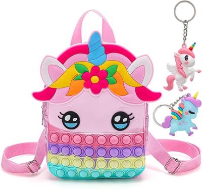 China Hot Sale Cardboard Squeeze Unicorn Push Bubble School Bags Mini Kids Backpack Kids Silicone Unicorn Pop Fidget Backpack for sale