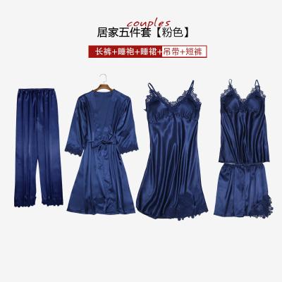 China QUICK DRY Running Satin Women's Silk Pajamas Ladies Sleepwear Suit Embroidery Lace Up Pijamas Set 5pcs for sale