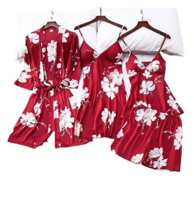 China QUICK DRY Nightgowns Women Sleepwear Pajamas For Women Long Satin Robe Set Pajamas 4 Pieces Nightgown For Honeymoon for sale