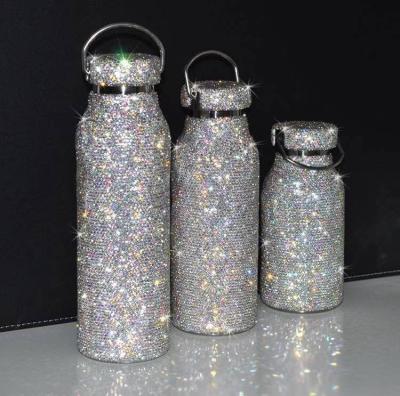 China New Design Girl Rhinestone Diamond Crystal Luxury Stainless Steel Water Bottle Viable Vacuum Flask With Chain for sale