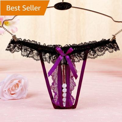 China Antibacterial Women's Sexy Open Crotch Panties Lace Up Thongs Embroidered G-String With Pearl Ball for sale