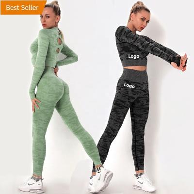 China Dropshipping Breathable Custom Logo High Waist Sports Woman Fitness And Yoga Seamless Printed Gym Wear Sets for sale